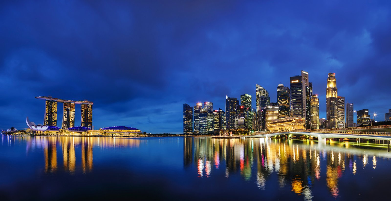 Singapore Marina Bay panorama at blue hour, Marina Bay Sands and the financial district reflected in still water
